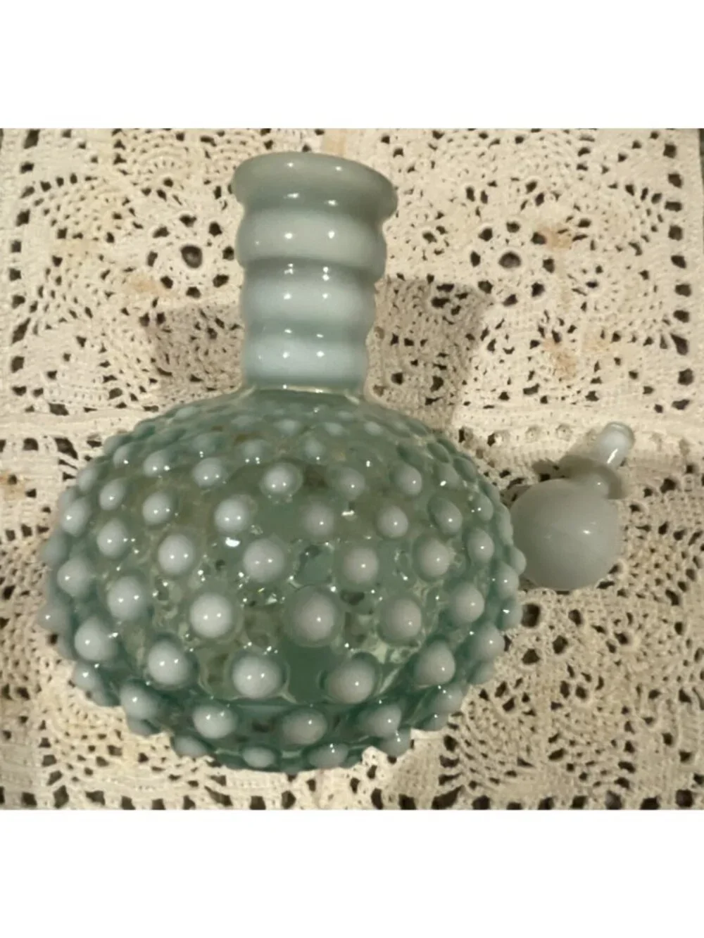 Fenton Wrisley's 5 3/4 In Aqua Blue-Green & White Opal Perfume Bottle
